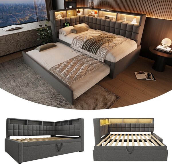 Divano letto 90 x 200 cm con letto estraibile 90 x 190 cm, dotato di altoparlanti Bluetooth, porte USB-A e USB-C, illuminazione LED e schienale a forma di L, colore grigio, con luce notturna