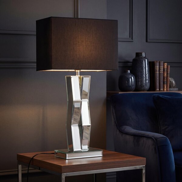 Lampada da tavolo con vetro a specchio e tessuto, alta 60 cm, nera, moderna, lampada da comodino