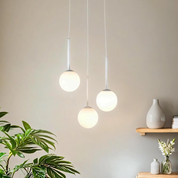 Lampada a sospensione metallo vetro L: 44 cm H: max. 200 cm Bianco E14 3 luci globo tondo Lampada a sospensione moderna
