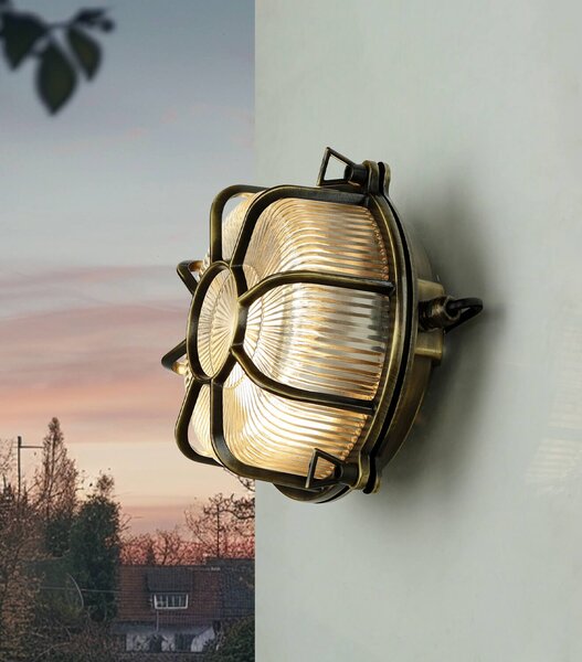 Applique da esterno in vero ottone antico in acciaio inox E27 paralume a gabbia in vetro scanalato luce rotonda da esterno casa a prova di umidità