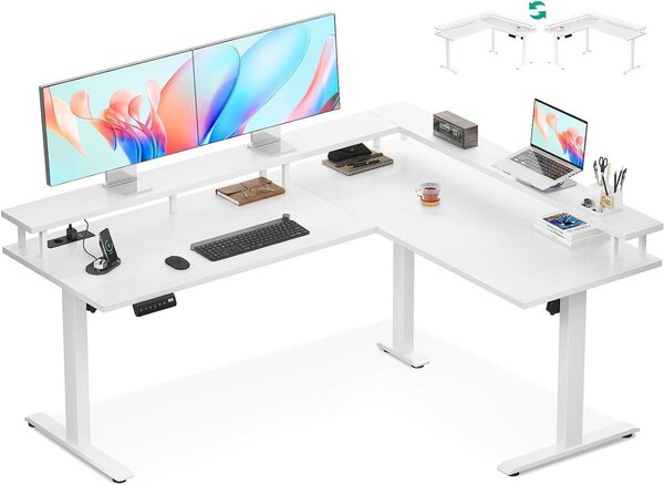 Scrivania angolare elettrica - Scrivania regolabile in altezza a forma di L - Postazione di lavoro ergonomica per la casa - Presa di corrente integrata - 150x120 cm - Bianco