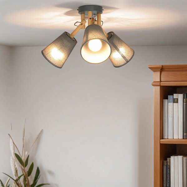 Lampada da soffitto moderna scandinava "Vaio" legno tessuto grigio E27 3 luci soggiorno camera da letto