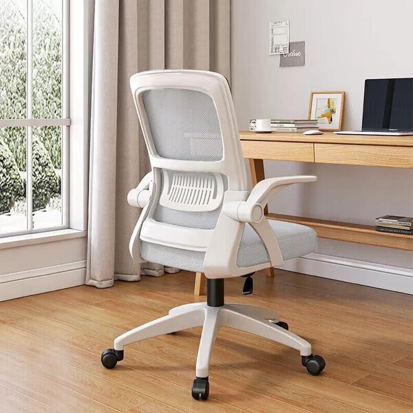 Sedia da ufficio ergonomica - Sedia da lavoro confortevole - Ideale per il lavoro da casa - Braccioli pieghevoli - Taglia media - Bianco