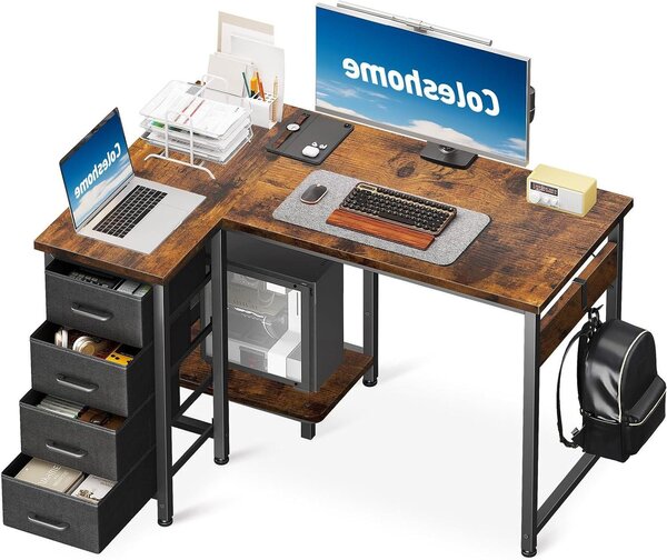 Scrivania ad angolo a forma di L - Mobile per computer e postazione di lavoro - Organizzazione per il lavoro da casa - Design reversibile - 100x70 cm - Marrone vintage