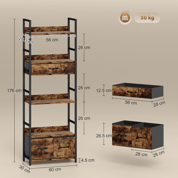 HOMCOM Libreria a 6 livelli con 4 ripiani, 3 cassetti in tessuto, 60x30x176cm, Marrone rustico | Aosom Italy