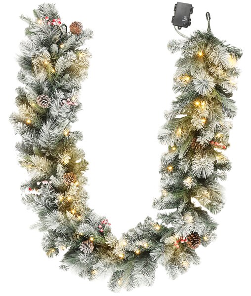 Ghirlanda Natalizia Decorativa da Interno 25x180cm con 50 LED Pigne e Bacche Verde e Bianco