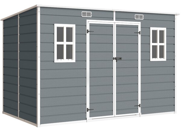 Casetta Box per Attrezzi 303x183x184 cm a 2 Ingressi con Finestre e Prese d'Aria in PP e Alluminio Grigio