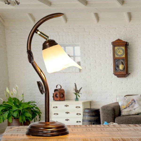 Lampada da tavolo 40 cm E14 marrone in vetro metallo floreale