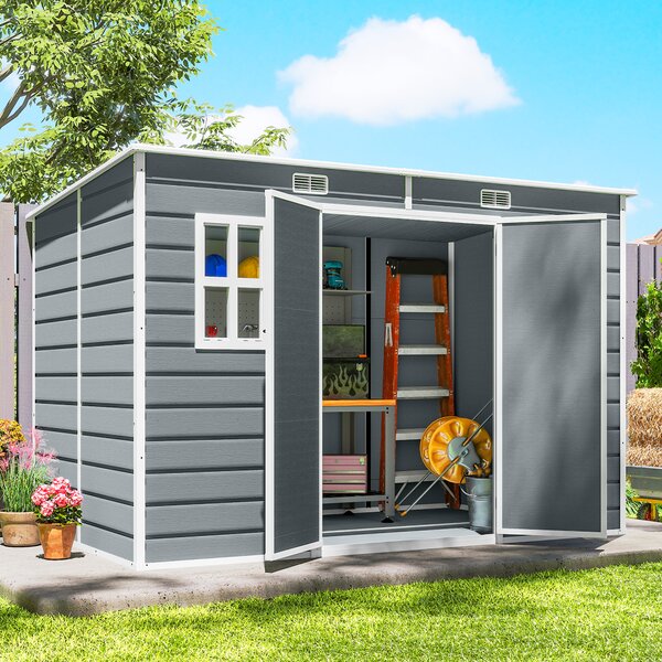 Casetta Box per Attrezzi 303x183x184 cm a 2 Ingressi con Finestre e Prese d'Aria in PP e Alluminio Grigio