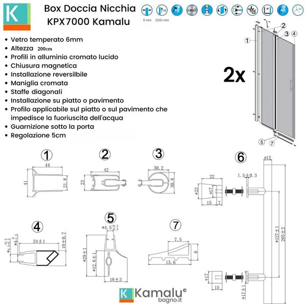 Kamalu doccia un lato 130 cm doppio battente con laterali fissi | kpx7000