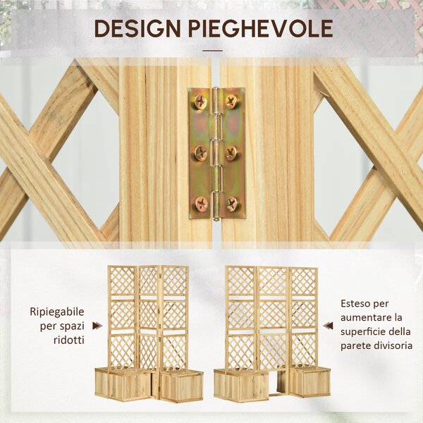 Outsunny Paravento pieghevole a 3 ante per Giardino con 4 fioriere, in Legno Massello, 133 x 62 x 165 cm, Colore Naturale | Aosom Italy