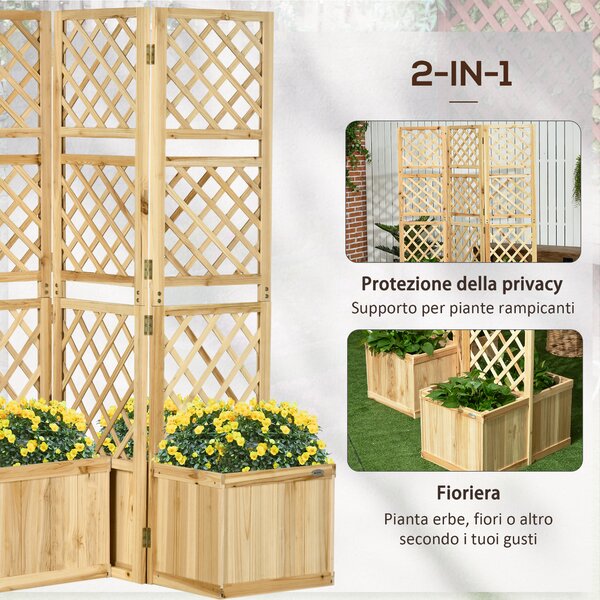 Outsunny Paravento pieghevole a 3 ante per Giardino con 4 fioriere, in Legno Massello, 133 x 62 x 165 cm, Colore Naturale | Aosom Italy