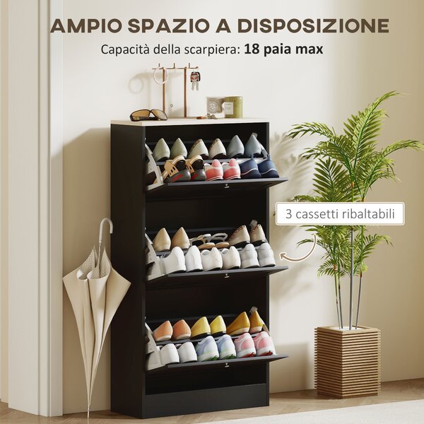 HOMCOM Scarpiera Mobile Moderno Salvaspazio a 3 Cassetti con Ripiani Regolabili su 2 Livelli, per 18 Paia di Scarpe, 60x23.5x115 cm, Nero|Aosom Italy