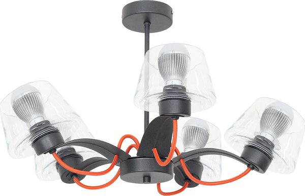 Plafoniera industriale "Edit" nero rosso vetro metallo 5 luci soffitto soggiorno corridoio