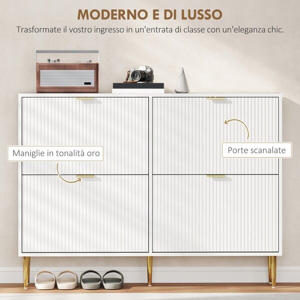 HOMCOM Scarpiera Slim per 20 Paia di Scarpe con 4 Cassetti a Ribalta e Ripiani Regolabili, 105x24x91.5 cm, Bianco | Aosom Italy