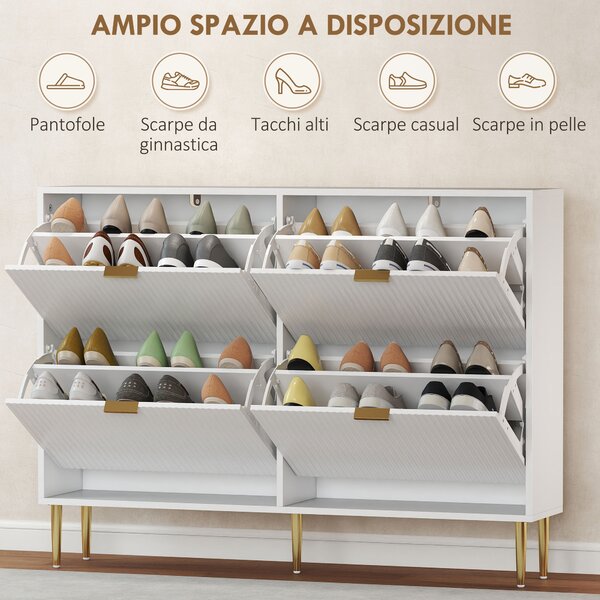 HOMCOM Scarpiera Slim per 20 Paia di Scarpe con 4 Cassetti a Ribalta e Ripiani Regolabili, 105x24x91.5 cm, Bianco | Aosom Italy