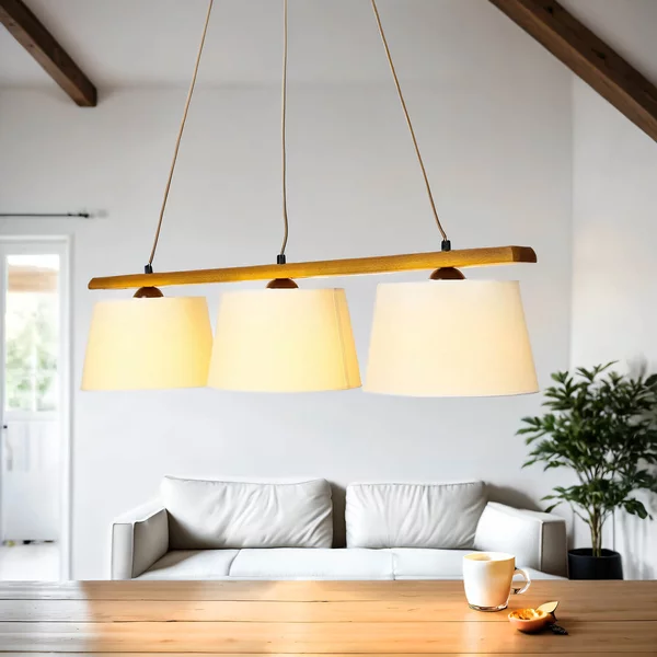 BEVERELY Accogliente lampada a sospensione in legno tessuto a basso abbagliamento lunga 90 cm E27 lampada a sospensione per tavolo da pranzo