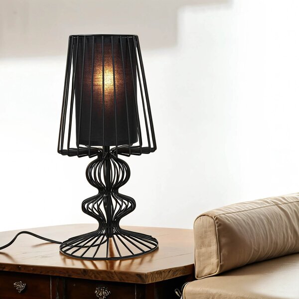 Lampada da tavolo comodino nero 43 cm struttura in filo metallico tessuto E27 lampada da tavolo