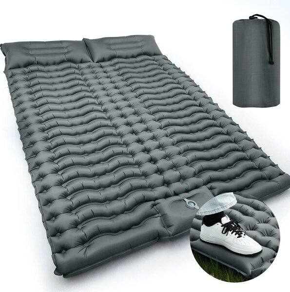 Materassino da campeggio doppio - Materasso gonfiabile per campeggio - Ideale per dormire all'aperto - Con pompa integrata - Spessore 10 cm - Colore grigio