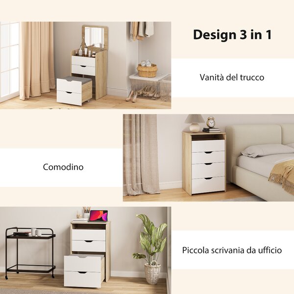 HOMCOM Tavolo da Trucco 3 in 1 con Specchio, Vano, 2 Cassetti e Sgabello, in Legno, 50x40x78 cm, Bianco e Rovere | Aosom Italy