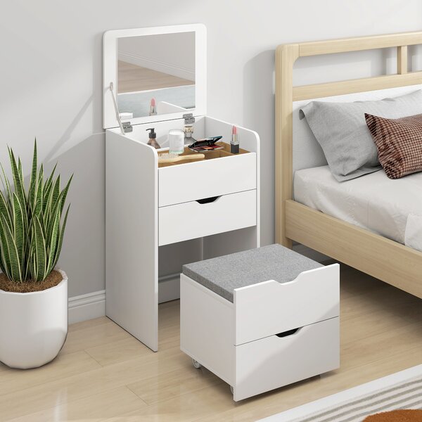 HOMCOM Toeletta 3 in 1 con Specchio Ribaltabile e Sgabello, con Cassetti, Bianco | Aosom Italy