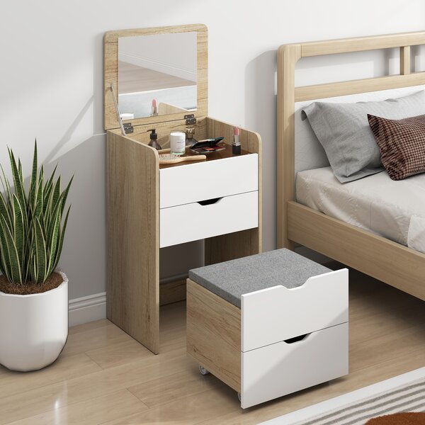HOMCOM Tavolo da Trucco 3 in 1 con Specchio, Vano, 2 Cassetti e Sgabello, in Legno, 50x40x78 cm, Bianco e Rovere | Aosom Italy