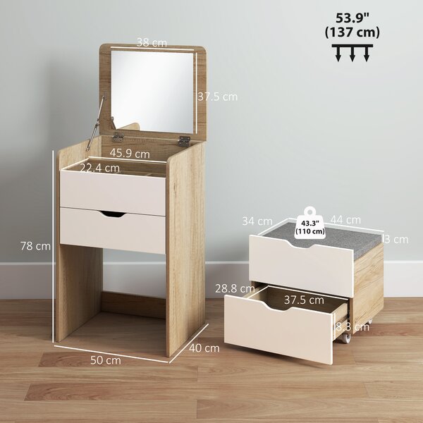 HOMCOM Tavolo da Trucco 3 in 1 con Specchio, Vano, 2 Cassetti e Sgabello, in Legno, 50x40x78 cm, Bianco e Rovere | Aosom Italy