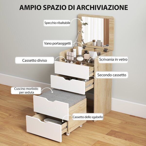 HOMCOM Tavolo da Trucco 3 in 1 con Specchio, Vano, 2 Cassetti e Sgabello, in Legno, 50x40x78 cm, Bianco e Rovere | Aosom Italy