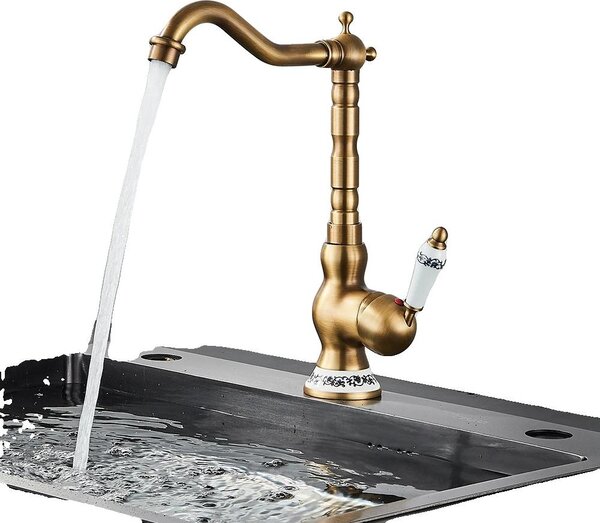 Miscelatore per lavabo, da montare a parete, monocomando, in ottone anticato, modello alto