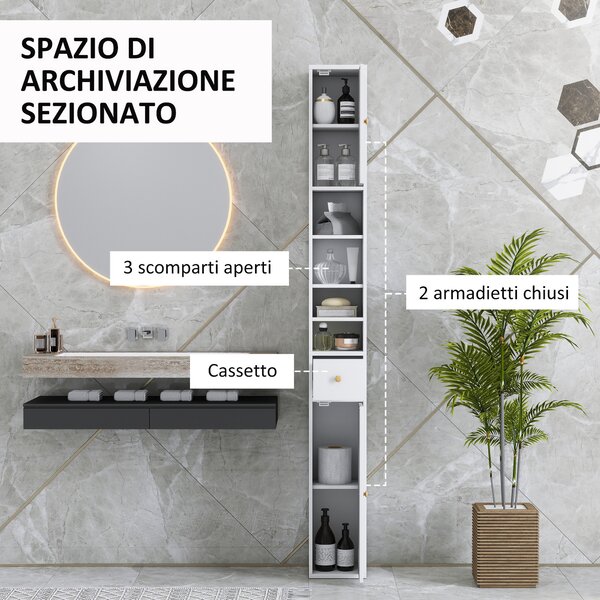 HOMCOM Colonna Bagno Salvaspazio con 2 Armadietti, 3 Ripiani Aperti e Cassetto, in Legno, 20x20x178 cm, Bianco