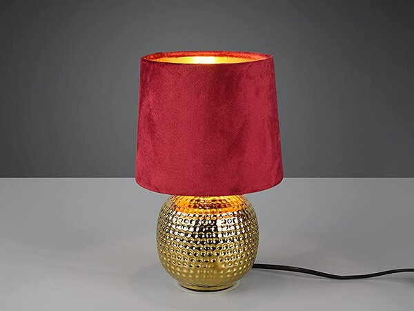 Lampada da tavolo a LED in stile rustico, rosso/oro, base in Vetroceramica, paralume in velluto, lampada da comodino