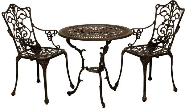 Gruppo di sedute DEGAMO set da giardino bistrot in stile Art Nouveau 3 pezzi, fusione di alluminio bronzo antico, resistente alle intemperie