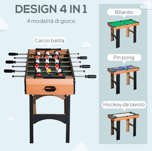 HOMCOM Tavolo Multigioco 4 in 1 con Calcio Balilla, Hockey da Tavolo, Ping Pong e Biliardo in MDF, 92x78x80cm | Aosom Italy