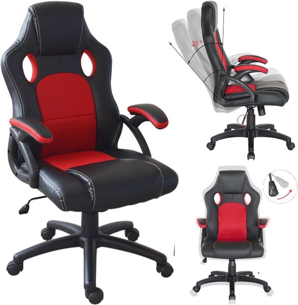 Sedia da gioco Junior - Stile da sedia da ufficio - Seduta confortevole - Design ergonomico - Altezza 118 cm - Colore: nero e rosso