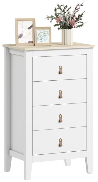 Cassettiera per Camera da Letto a 4 Cassetti 60x40x98 cm con Maniglie in Finta Pelle in Legno Bianco