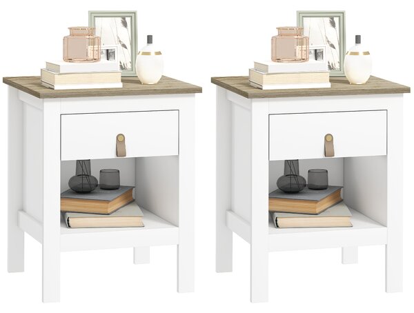 Set 2 Comodini con Cassetto e Ripiano Aperto 45x40x55 cm in Legno Bianco e Rovere