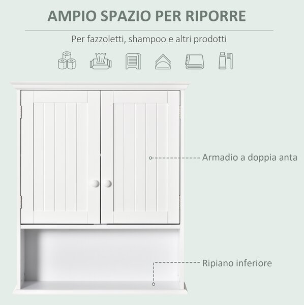 Kleankin Mobile Bagno Sospeso con Armadietto a 2 Ante e Ripiano Aperto, Mensola Interna Regolabile, Bianco | Aosom Italy