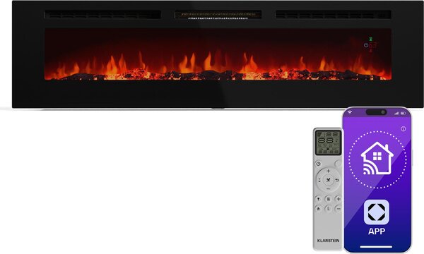 Klarstein Galeras Smart - Camino Elettrico da Parete, 1800W, Fiamma LED Realistica, Controllo con App & Telecomando, Colori & Luminosità Regolabili, Protezione dal Surriscaldamento
