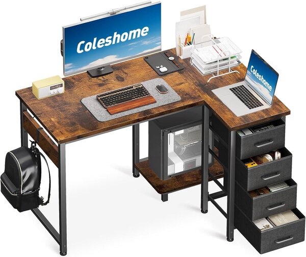 Scrivania ad angolo a forma di L - Mobile per computer e postazione di lavoro - Organizzazione per il lavoro da casa - Design reversibile - 100x70 cm - Marrone vintage
