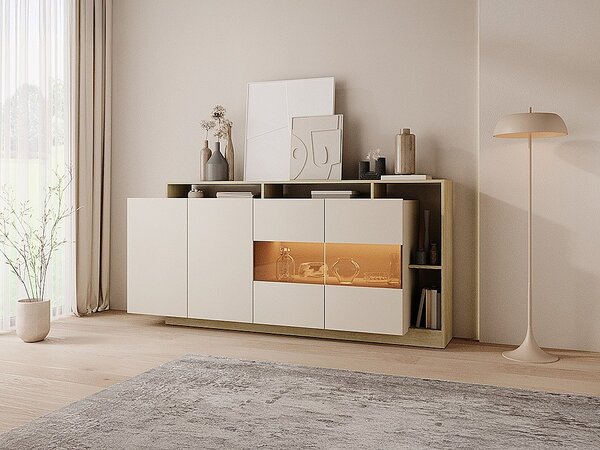 Credenza 4 ante e 4 nicchie con LED Beige e Naturale chiaro - IDESIA