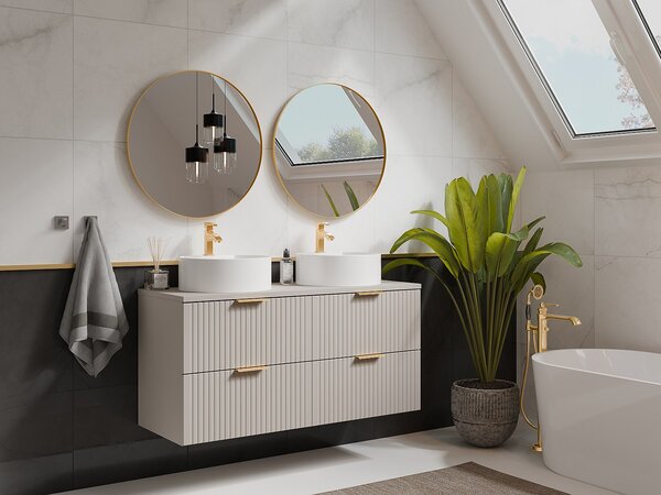 Mobile per bagno sospeso con scanalature e lavabo doppio da appoggio tondo L120 cm Beige - ZEVARA