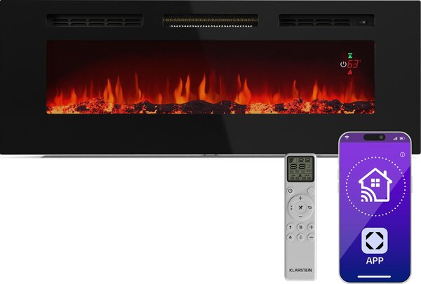Klarstein Galeras Smart - Camino Elettrico da Parete, 1800W, con Fiamma LED Realistica, Controllo con App & Telecomando, Colori & Luminosità Regolabili, Protezione dal Surriscaldamento