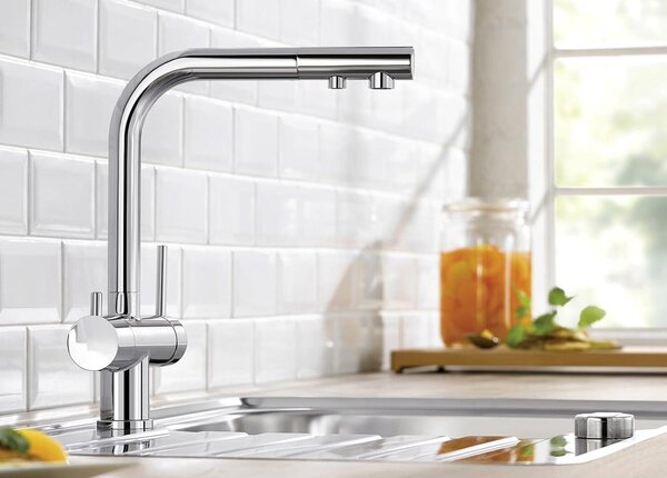 Miscelatore da cucina tri-vie ad alta pressione, in ottone cromato, a forma di "L", 3-in-1 con filtro per l'acqua, girevole a 360°