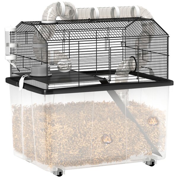 PawHut Gabbia per Criceti a 2 Piani con Ruote, Tubi, Ciotola, Bottiglia e Rampa, 58x43x57 cm, Nero
