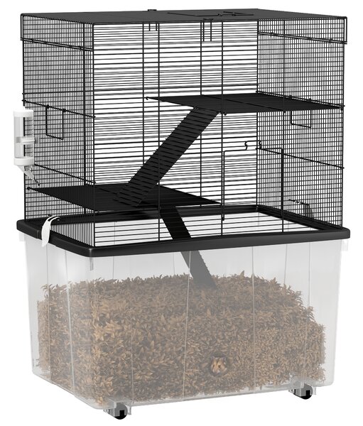 PawHut Gabbia per Criceti 3 Piani con Ruote, 2 Piattaforme, Rampe, Ciotola e Bottiglia, 58x43x74 cm, Nero