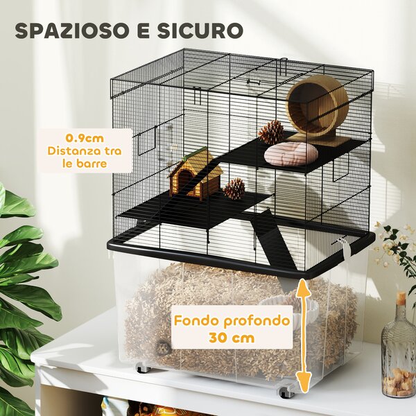 PawHut Gabbia per Criceti 3 Piani con Ruote, 2 Piattaforme, Rampe, Ciotola e Bottiglia, 58x43x74 cm, Nero
