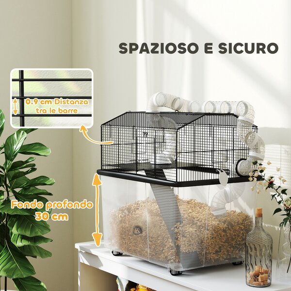 PawHut Gabbia per Criceti a 2 Piani con Ruote, Tubi, Ciotola, Bottiglia e Rampa, 58x43x57 cm, Nero