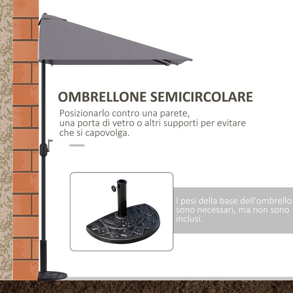 Outsunny Ombrellone da Parete Mezzaluna Salvaspazio con Apertura a Manovella, Grigio|Aosom