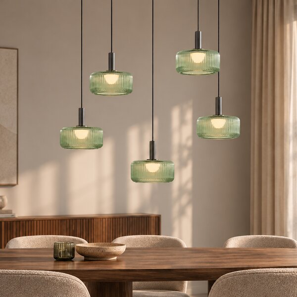 Lampada a sospensione di design color canna di fucile con vetro verde, LED integrato, dimmerabile a 3 fasi, 5 luci - Fiera