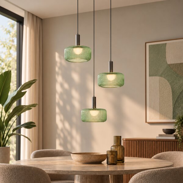 Lampada a sospensione di design color canna di fucile con vetro verde, con LED dimmerabile a 3 fasi, 3 luci Easylift - Fiera